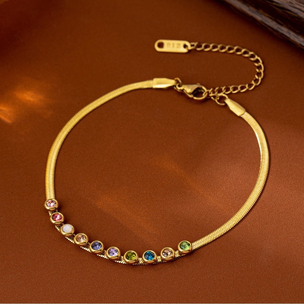 18K Gold Plated Snake Chain Herringbone Bracelet*Multicolour Zircon CZ*LW
